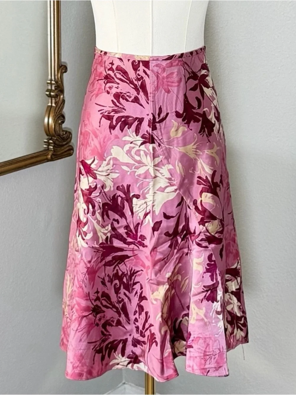 90s 100% Silk Floral Midi Skirt 8P Fairycore Cottagecore Ruffle Pink Coquette